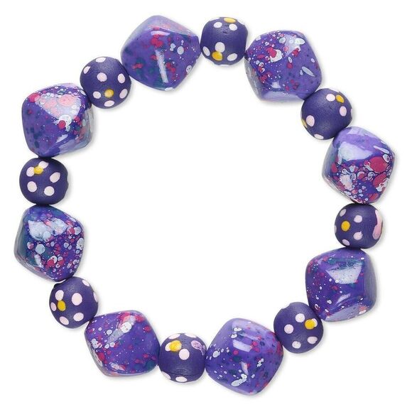Purple Multicolor 80s Retro Punk Paint Spattered mBeads Stretch Bracelet - Picture 1 of 1